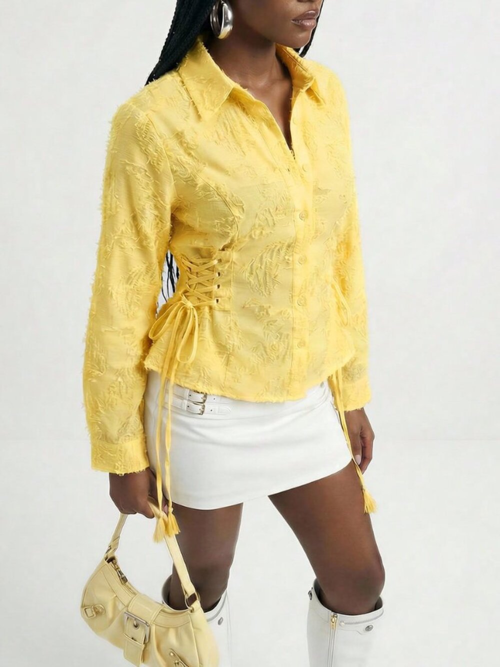 Yellow Casual Women's Polo Collar Tie-Waist Slim Long Sleeve Shirt - Picture 6 of 7